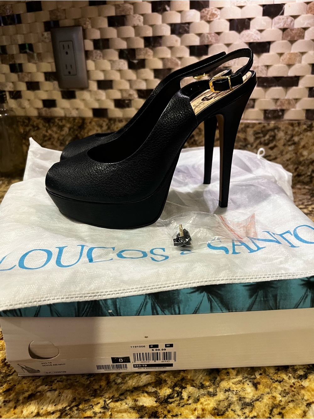 Navy Leather Platform Slingback Heels